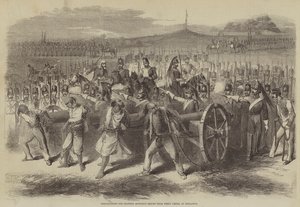 Préparatifs pour souffler les Cipayes mutins avec des pièces de campagne, à Peshawur (gravure)