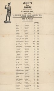 Liste de prix pour G Smith & Sons, boutique de tabac à priser
