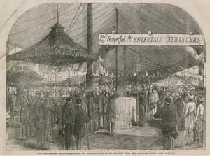 Le prince Albert posant la première pierre de la maison des étrangers