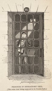 Prisonnier dans une cellule réfractaire (la porte extérieure étant supposée être ouverte), illustration de The Criminal Prisons of London and Scenes from Prison Life par Henry Mayhew et John Binny, pub. 1862