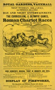 Prospectus pour Le Curriculum ; ou, Les Jeux Olympiques et la course de chars romains aux jardins royaux, Vauxhall, Londres
