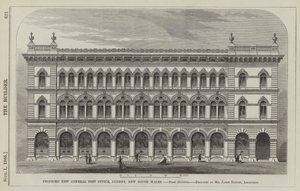 Nouveau Bureau de Poste Général proposé, Sydney, Nouvelle-Galles du Sud, Élévation latérale, conçu par M. James Barnet, Architecte (gravure) - English School