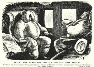 Dessin de Punch : Costume de première classe breveté pour la saison des collisions - sécurité sur les chemins de fer - English School