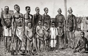 Indigènes pygmées comparés aux officiers anglais, Soudanais et Zanzibaris, 1890 - English School
