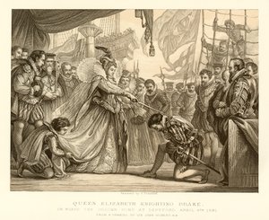 La reine Élisabeth adoubant Drake