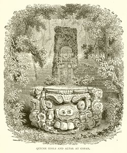 Idoles quichéennes et autel à Copan - English School