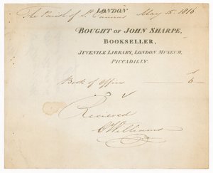Reçu de John Sharpe, libraire, Bibliothèque pour enfants, Musée de Londres, Piccadilly, Londres