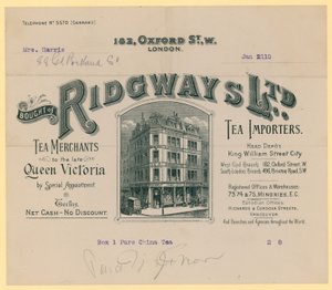 Reçu de Ridgways, importateurs de thé, 182 Oxford Street, Londres - English School