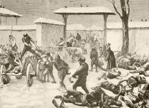 Récupération des morts après le siège de Plevna, Bulgarie en 1877 (lithographie)