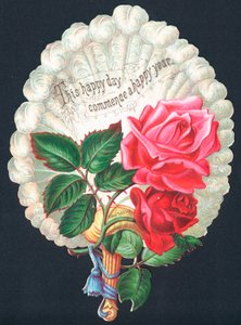 Roses rouges sur un éventail, Carte de Nouvel An - English School