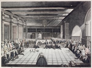 Représentation de la cérémonie de présentation des shérifs de Londres (gravure en couleur)