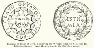 Revers des pièces de monnaie de Corinthe, montrant les couronnes portées par les vainqueurs des Jeux isthmiques - English School