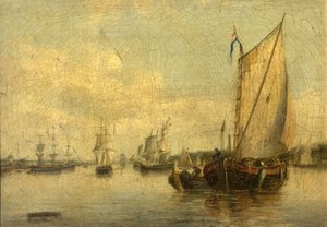 Scène fluviale avec des navires - English School
