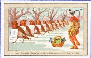 Rouge-gorges et clown dans la neige