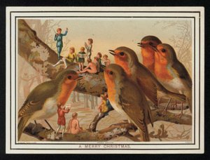 Rouges-gorges et un groupe de performeurs, carte de vœux de Noël
