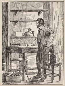 Robinson Crusoé construisant une table et des chaises pour sa grotte, illustration de L
