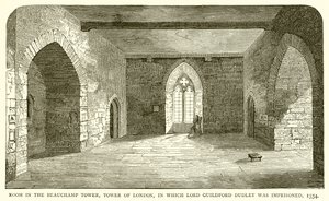 Chambre dans la tour Beauchamp, Tour de Londres, où Lord Guildford Dudley fut emprisonné, 1554 - English School