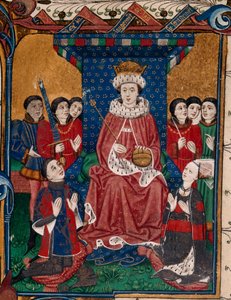 Le roi Édouard IV entouré de courtisans avec Sir William Herbert et sa femme, Anne Devereux portant des vêtements décorés de leurs armoiries, agenouillés devant lui (livre 1)