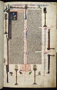 Royal 1 D I, f.1r, Jérôme, frères sur colonnes, de la Bible de William de Devon - English School