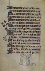 Scène en bas de page de deux femmes portant des faucons, et un petit chien devant elles, avec une initiale habitée, illustration du 