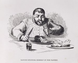 Sancho se goinfrant dans le garde-manger, Acte III, scène XI de Don Quichotte en Angleterre. Une comédie, gravé par Sears, pub. 1733