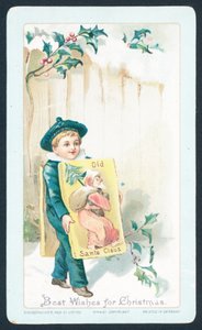 Garçon sandwich faisant la publicité du vieux Père Noël, carte de Noël - English School