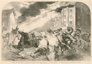 Scène lors du récent incendie à la gare de marchandises de Camden Town du chemin de fer de Londres et du Nord-Ouest - English School