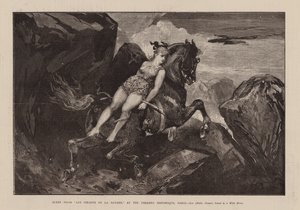 Scène des "Pirates de la Savane", au Théâtre Historique de Paris, Léo, Mdlle Oceana, attachée à un cheval sauvage (gravure)