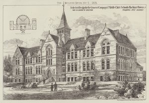 Conception sélectionnée pour les écoles de la classe moyenne de la Compagnie des épiciers, Hackney Downs, en cours de construction (gravure) - English School