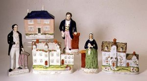 Sélection de figures titrées de Staffordshire : Stanfield Hall ; Potash Farm ; Maison de Palmer ; Emily Sandford ; James Bloomfield Rush ; William Palmer, c.1849 - English School