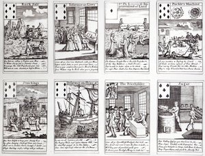 Jeu de cartes représentant des scènes satiriques des entreprises et investissements commerciaux actuels, vers 1720