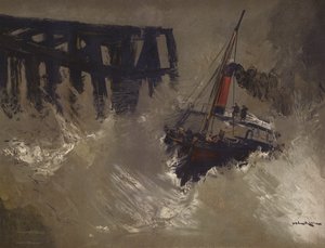Navire affrontant de grosses vagues - English School