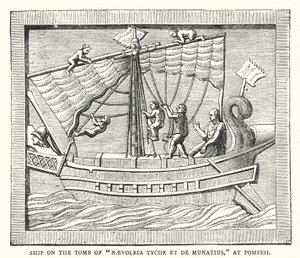 Navire sur la tombe de "Naevoleia Tyche et de Munatius," à Pompéi (gravure en couleur)