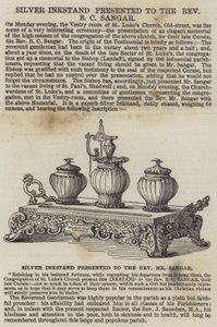 Encrier en argent présenté au Révérend B C Sangar (gravure) - English School