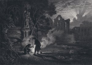 Sir Arthur et Dousterswivel dans les ruines de Saint Ruth (gravure)