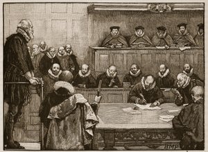 Sir Walter Raleigh devant les juges, illustration de Cassells Illustrated History of England - English School