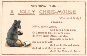 Souris grise assise, carte de Noël