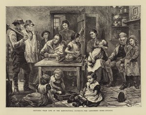 Croquis de la vie dans les districts agricoles, la maison du travailleur, soir (gravure) - English School