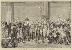 Croquis en Inde, réunion anti-taxe sur le sel des indigènes à Bombay (gravure) - English School