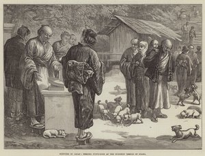 Croquis au Japon, nourrir des chiots au temple bouddhiste d