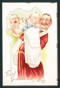 Homme fumant essayant de calmer des bébés, carte de Noël - English School