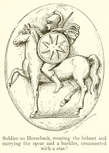 Soldat à cheval, portant le casque et tenant la lance et le bouclier, orné d
