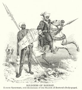 Soldats du Bornou, Kanem Spearman, et cavalier de la garde du corps du Cheikh du Bornou (gravure) - English School