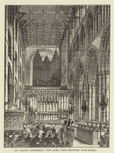 Cathédrale de St Albans, la nef, avec écran de jubé restauré - English School