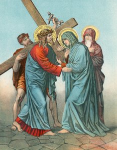 Station IV Jésus portant la croix, rencontre sa mère très affligée