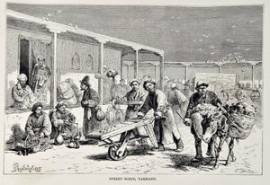 Scène de rue, Yarkand, illustration de La Géographie Universelle, la Terre et ses habitants par Elisée Reclus, publiée en 1878 - English School