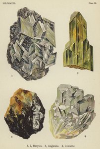 Sulfates, barytine, anglesite, célestine (lithographie en couleur) - English School