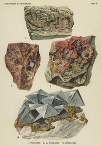 Sulfures et arséniures, niccolite, cinabre, mispickel (lithographie en couleur) - English School