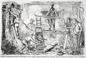 Tableau, représentant de nouvelles améliorations à la maison de M. Briggs - destruction du mur qui sépare le salon du couloir, illustration de Punch - English School
