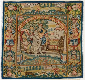 Housse de coussin en tapisserie représentant Suzanne au Bain (une des six tapisseries Sheldon, 47.9 à 47.14), fabriquée à Sheldon, Angleterre, si authentique